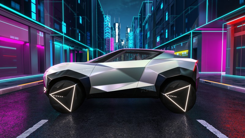 Футуристический автомобиль показан на городской улице ночью (nissan hyper punk, концепт ev, nissan hyper ev, киберпанк, машины)