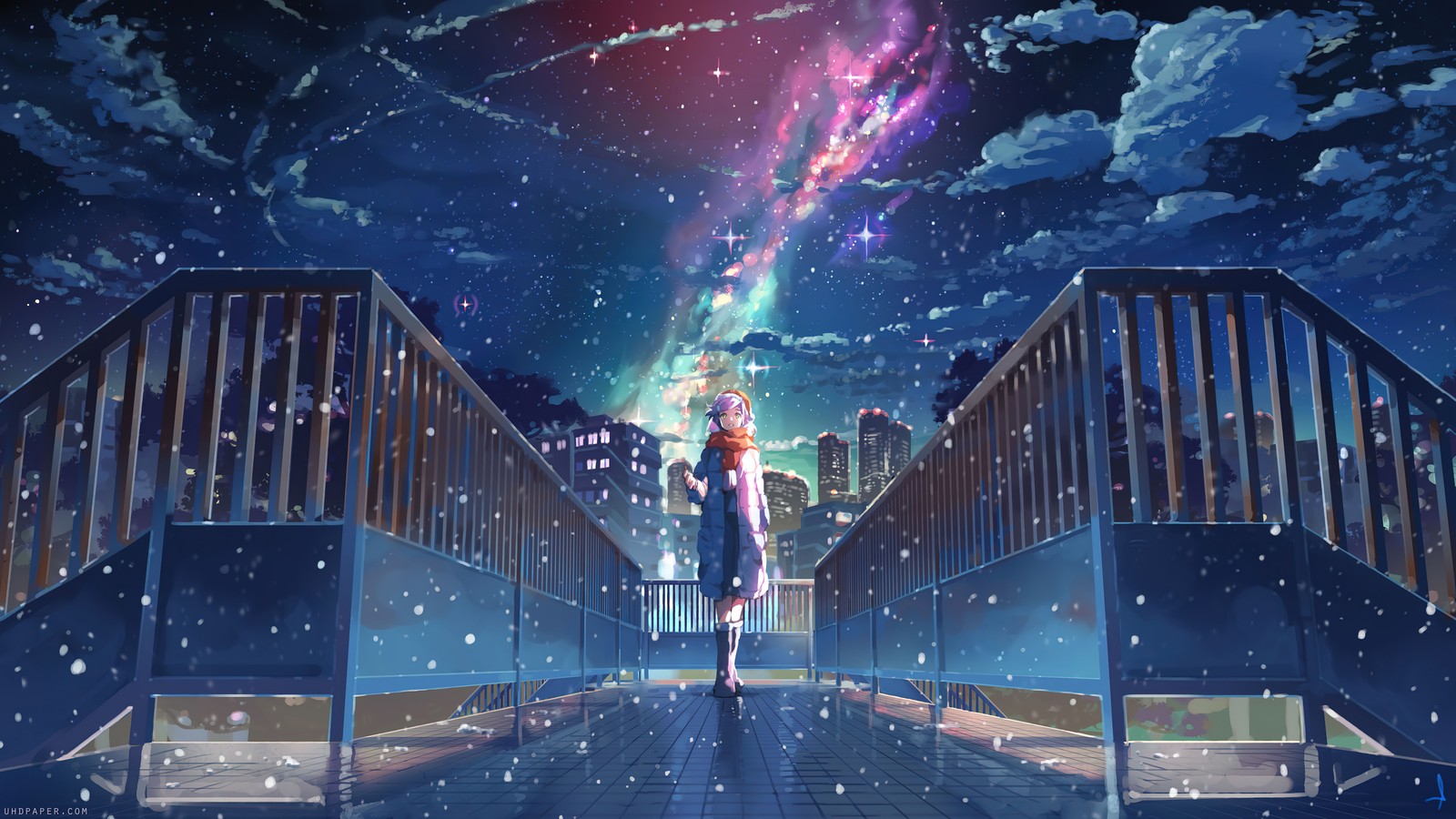 anime girls, anime, night, sky, scenery wallpaper