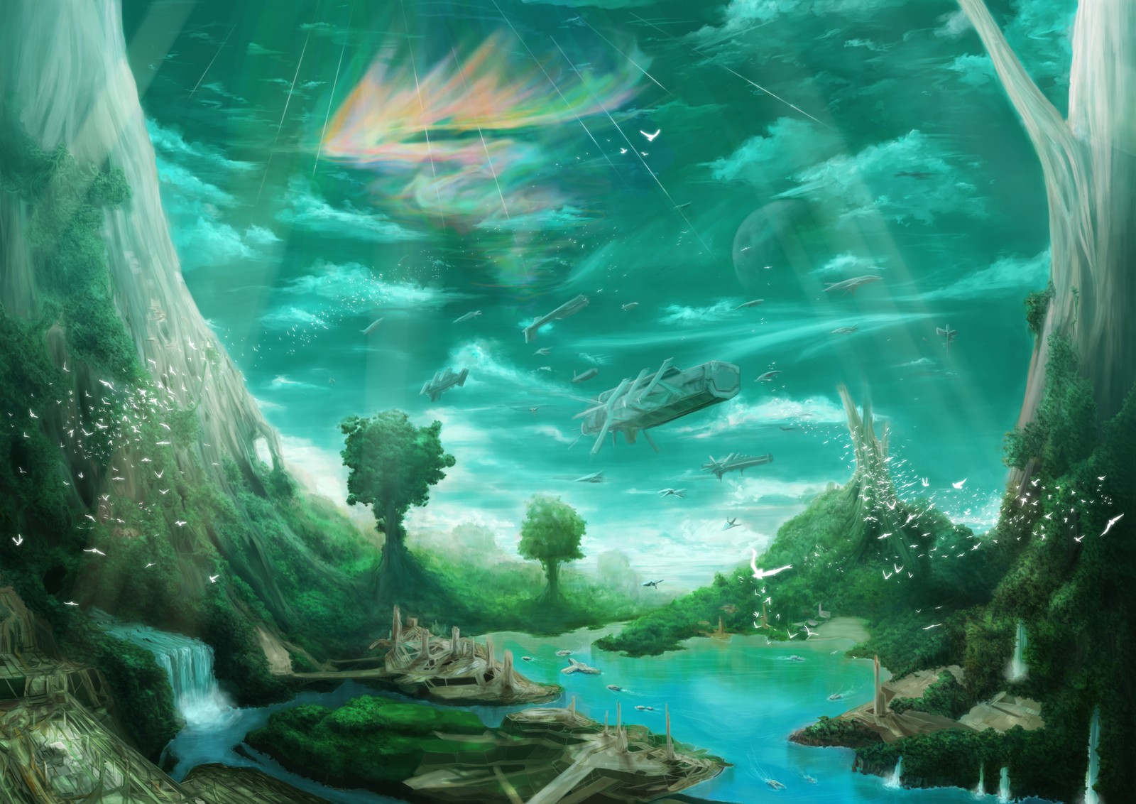 Una pintura de un río con una cascada y una nave espacial volando sobre él (naturaleza, agua, cauce, bioma, subacuático)