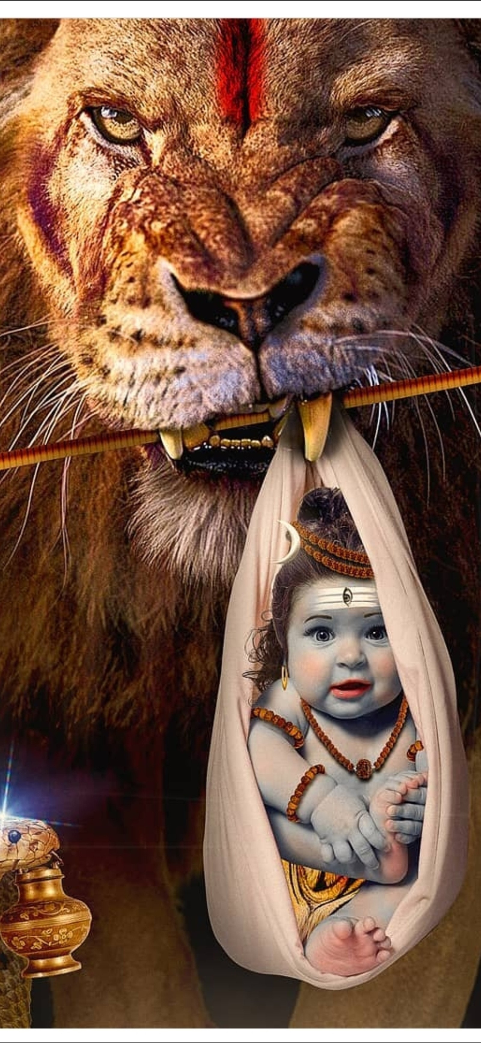 Il y a une image d'un bébé dans un sac avec un lion (hd, hindou, roi, le lion, seigneur)