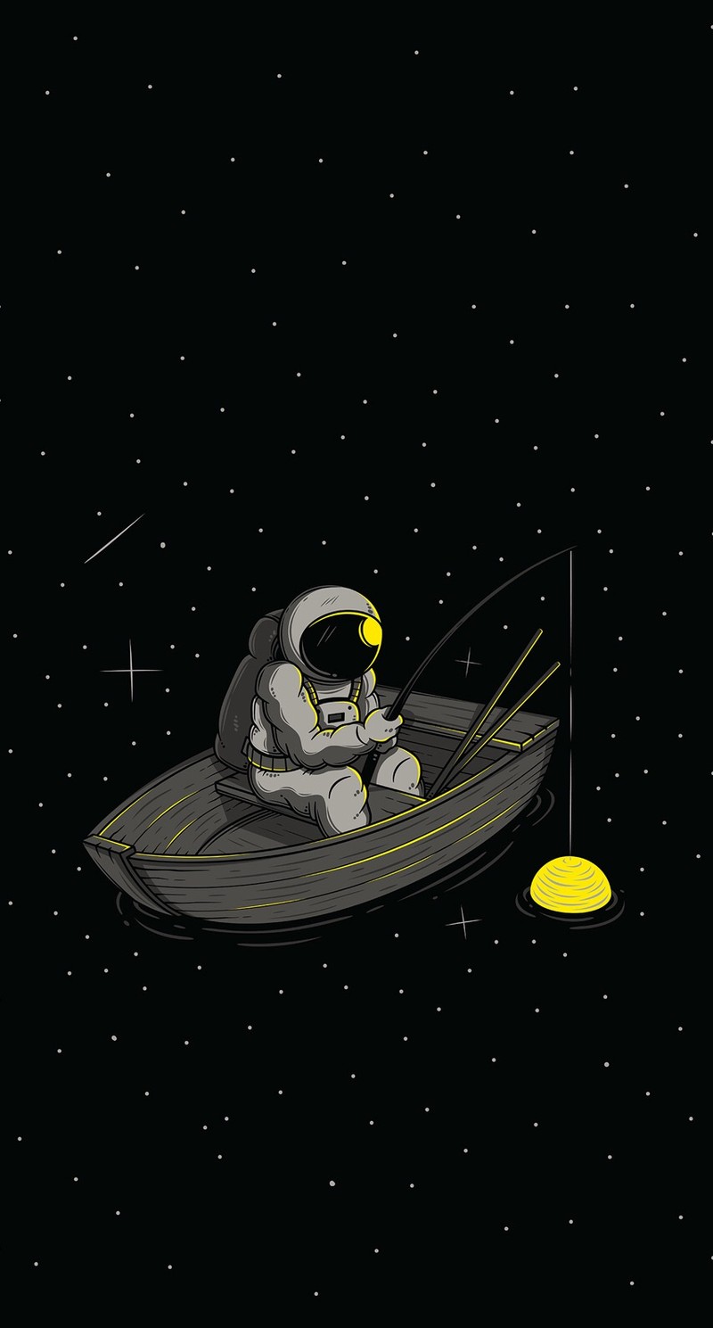 Astronaut on a small boat in the space with a yellow object (man, nature, sky, wall)