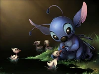 Stitch brincando com patinhos em um ambiente sereno de lago