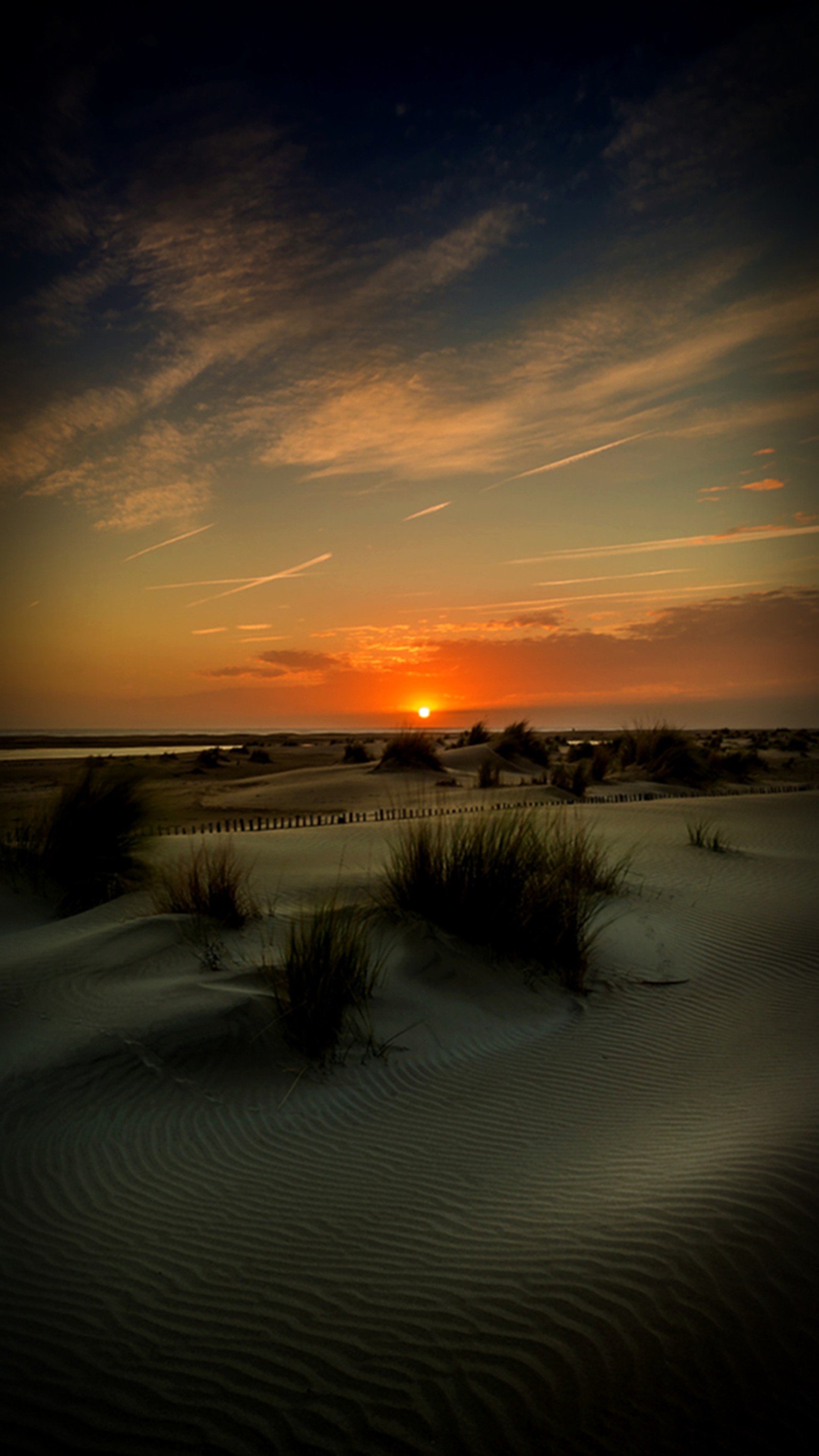 Visão aérea de um pôr do sol sobre uma praia de areia com grama (deserto, por do sol)