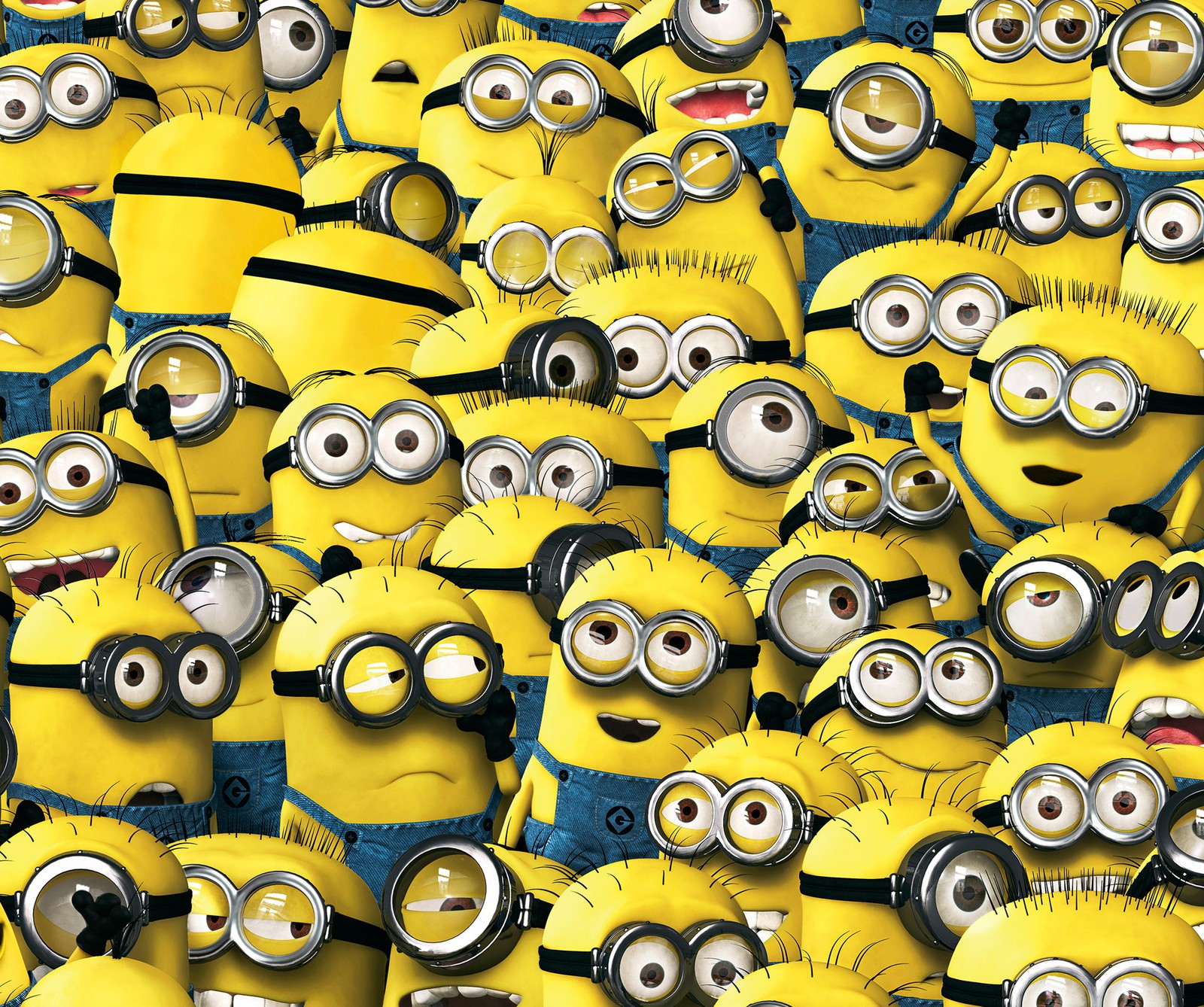 A close up of a bunch of yellow minions with one eye open (2016, love minions, minioni, minions, pozadina)