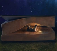 Explorando sueños: Una niña iluminada por estrellas dentro de un libro