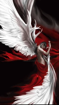 Male angel draped in flowing red fabric, adorned with majestic white wings, holding a sword against a dramatic black and red backdrop.