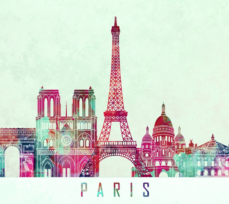 A brightly colored picture of a city with a tower in the background (eiffel tower, france, paris, pink, white)