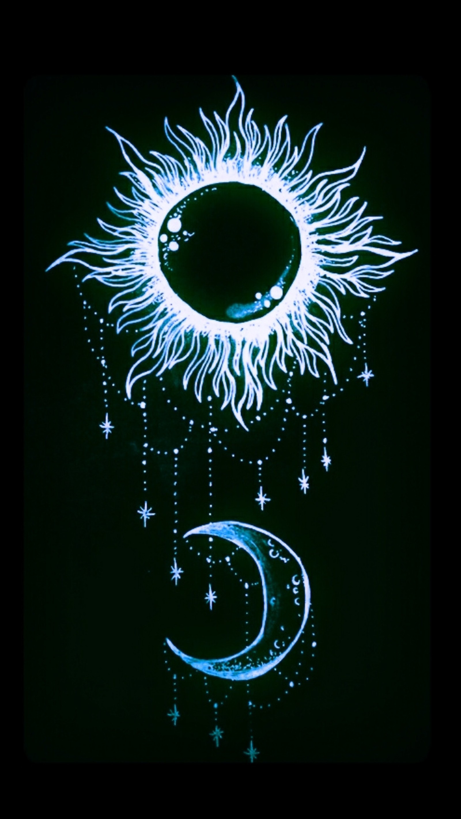 Sol y luna celestiales con estrellas y fases de la luna (arte, hermoso, negro, azul, celestial)