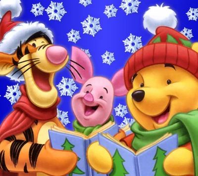 Celebração de Natal Alegre com Pooh, Leitão e Tigrão