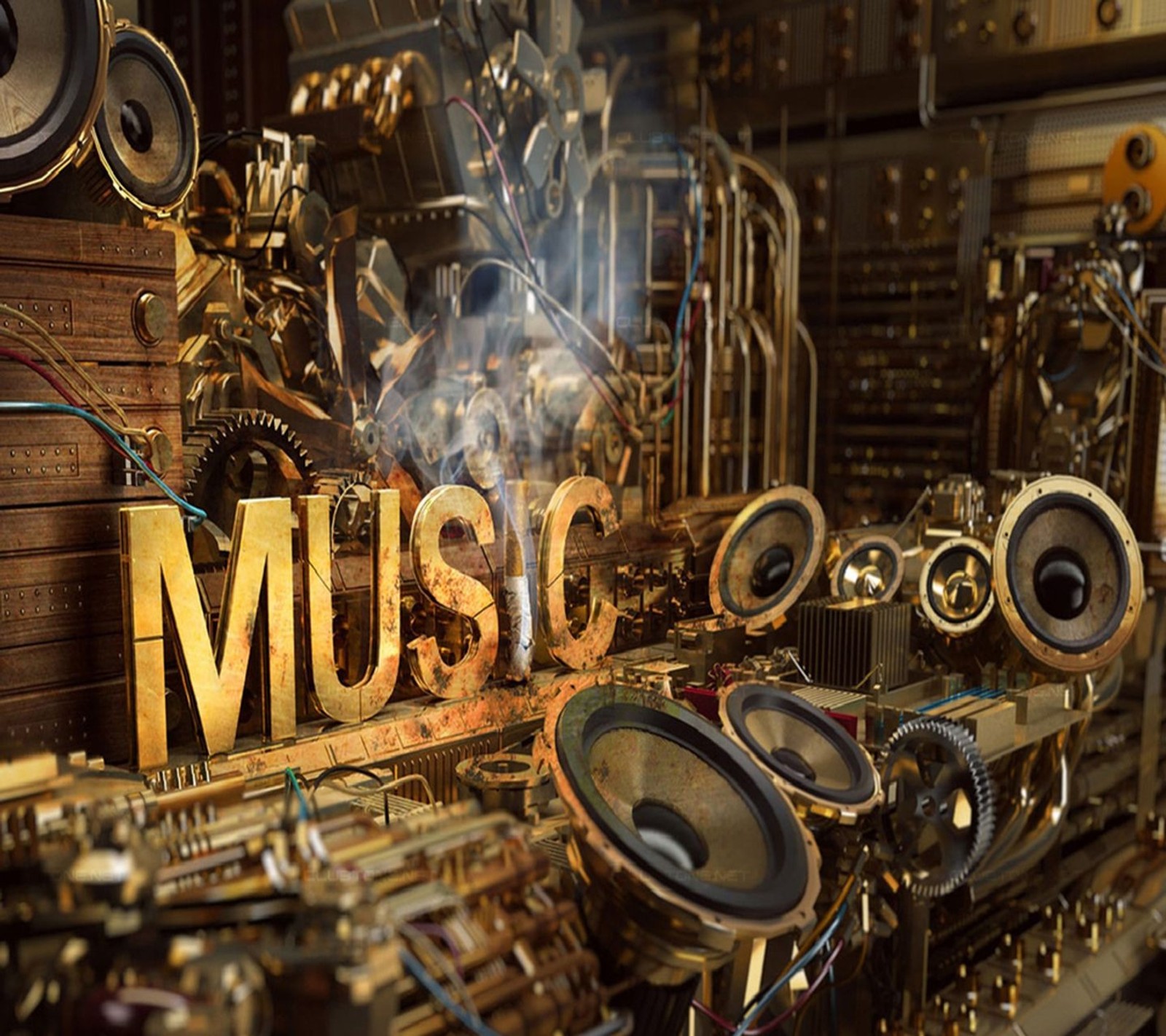 There is a large display of musical instruments and a sign (cool, instruments, music, new, nice)