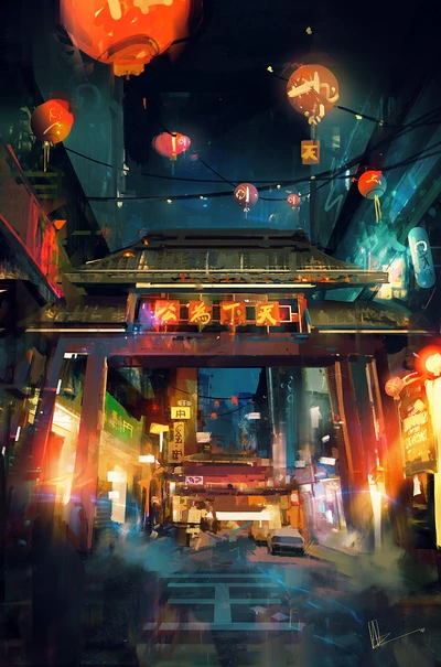 Futuristic Nightscape of an Old Japanese Street with Lanterns