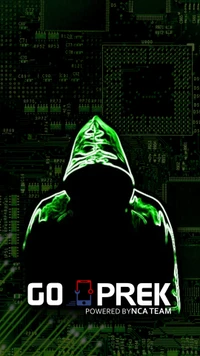 Anonymous Figure in Green Hoodie Against Circuit Board Background – GO PREK by NCA Team