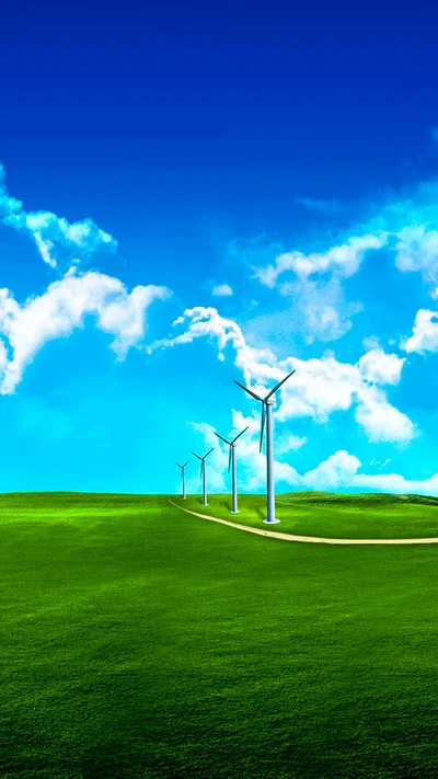 Wind turbines on a vibrant green hillside under a bright blue sky with scattered clouds.