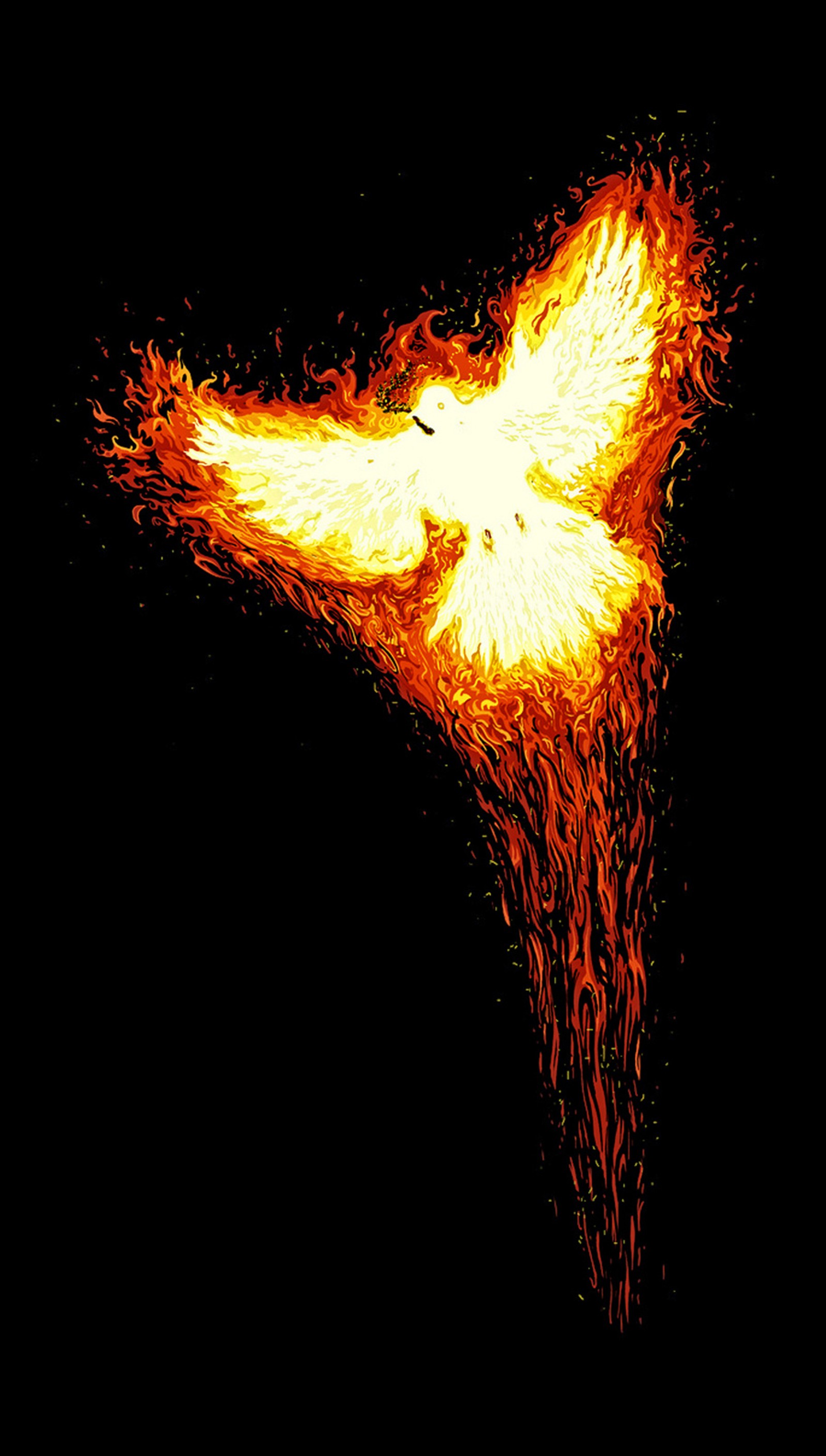 A close up of a bird flying through the air with fire (abstract, animals, phoenix)