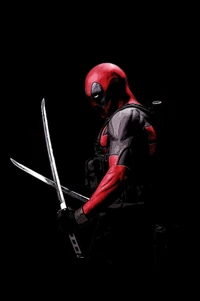 Deadpool wielding dual swords in a dramatic, shadowy setting.