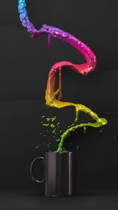 Des couleurs vives s'écoulent d'une tasse noire