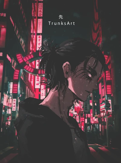 Levi Amid Neon Lights: A Dark Urban Scene