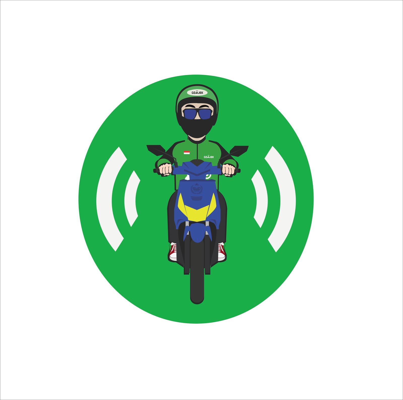 Arabischer mann, der mit einem helm und einer brille auf einem motorrad fährt (driver online, driveronline, gocar, gojek, grab)