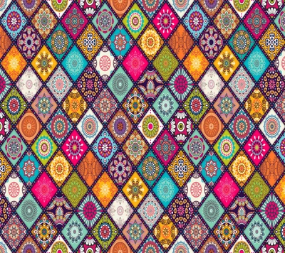 Colorful geometric patterns with floral and ornamental designs, creating a vibrant mosaic effect.