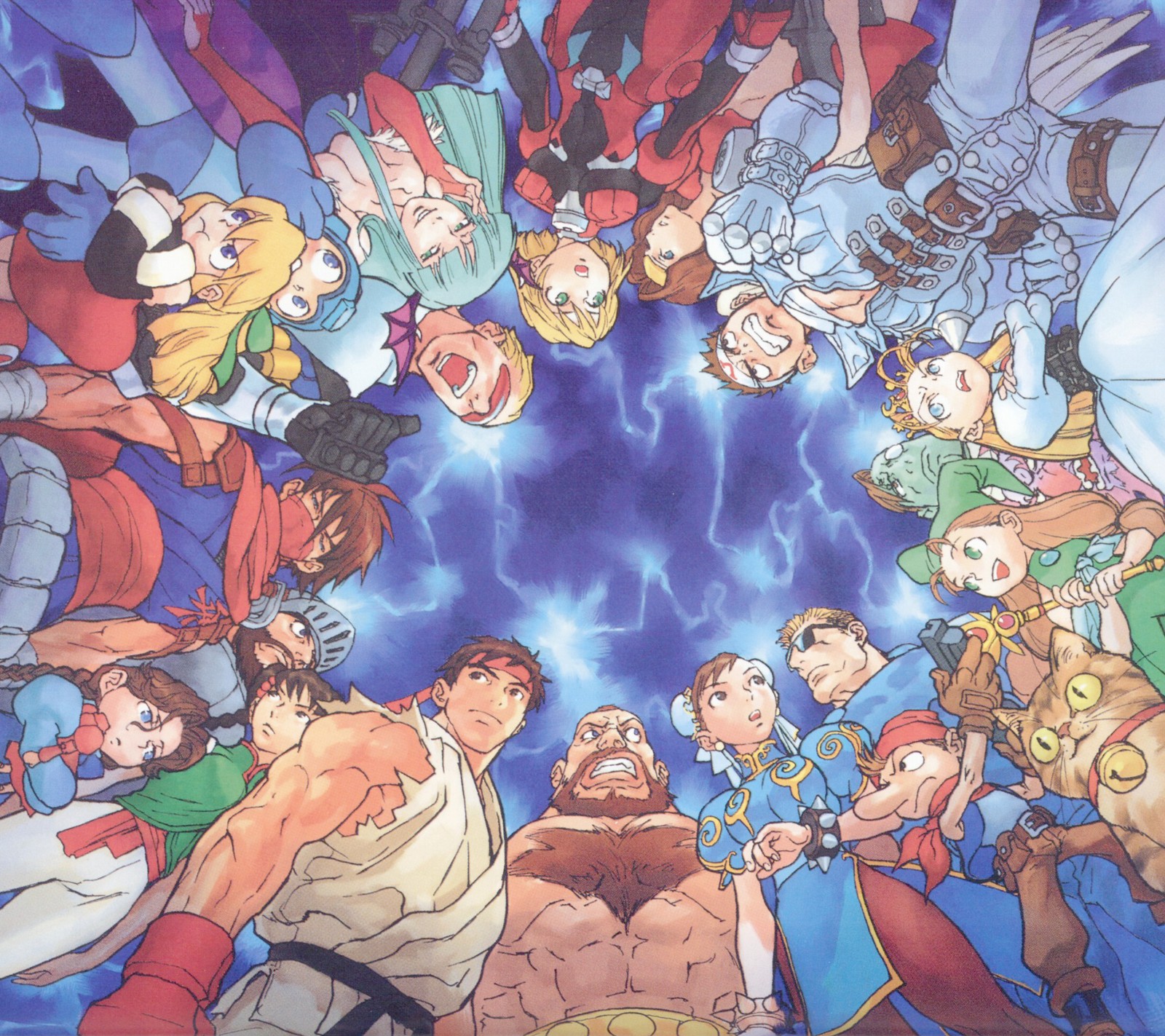 Des personnages de dessins animés se rassemblent autour d'une étoile bleue géante (capcom, personnages, chun li, luigyh, ryu)