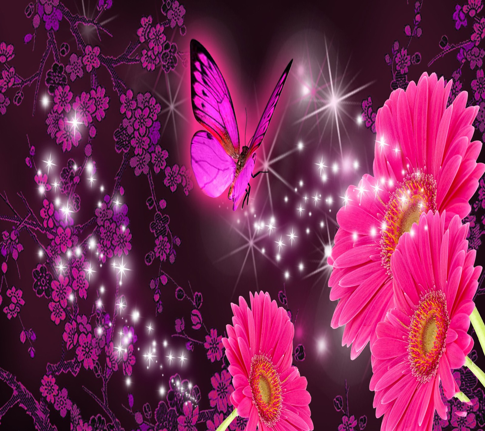 Purple flowers and a butterfly with sparkles in the background (butterfly, wallpaper)