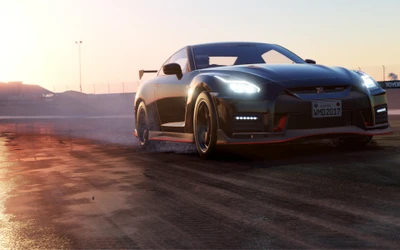 Nissan GT-R in a racing simulation at sunset, showcasing high performance and dynamic driving.