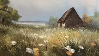 Serene Field of Wildflowers with Rustic Barn and Soft Cloudy Sky