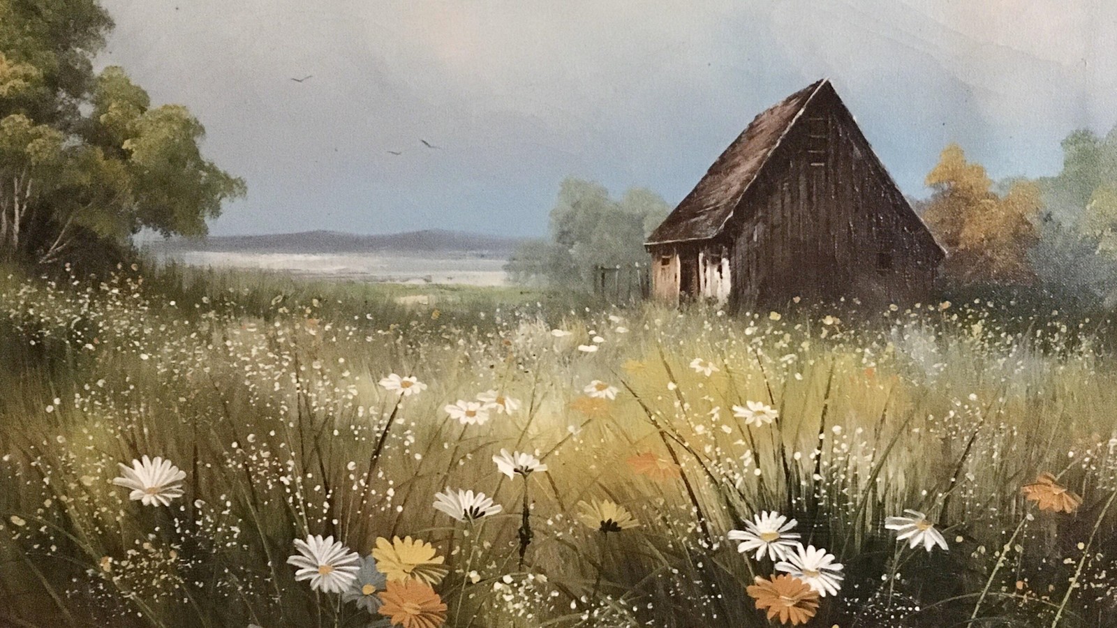 Painting of a barn in a field of daisies and other flowers (painting, watercolor painting, visual arts, art, oil painting)