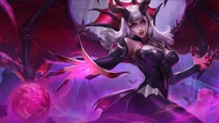 Alice, the Dark Sorceress of Mobile Legends, wields dark magic amidst an ethereal backdrop.