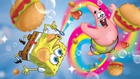 SpongeBob und Patrick schwimmen in einem bunten, mit Blasen gefüllten Abenteuer mit Regenbögen und Hamburgern