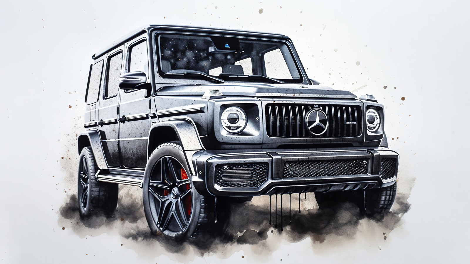 Un dibujo de un suv mercedes g-class con un efecto de pintura negra (mercedes benz amg g 63, 5k, mercedes benz g class, g wagon, suv de lujo)