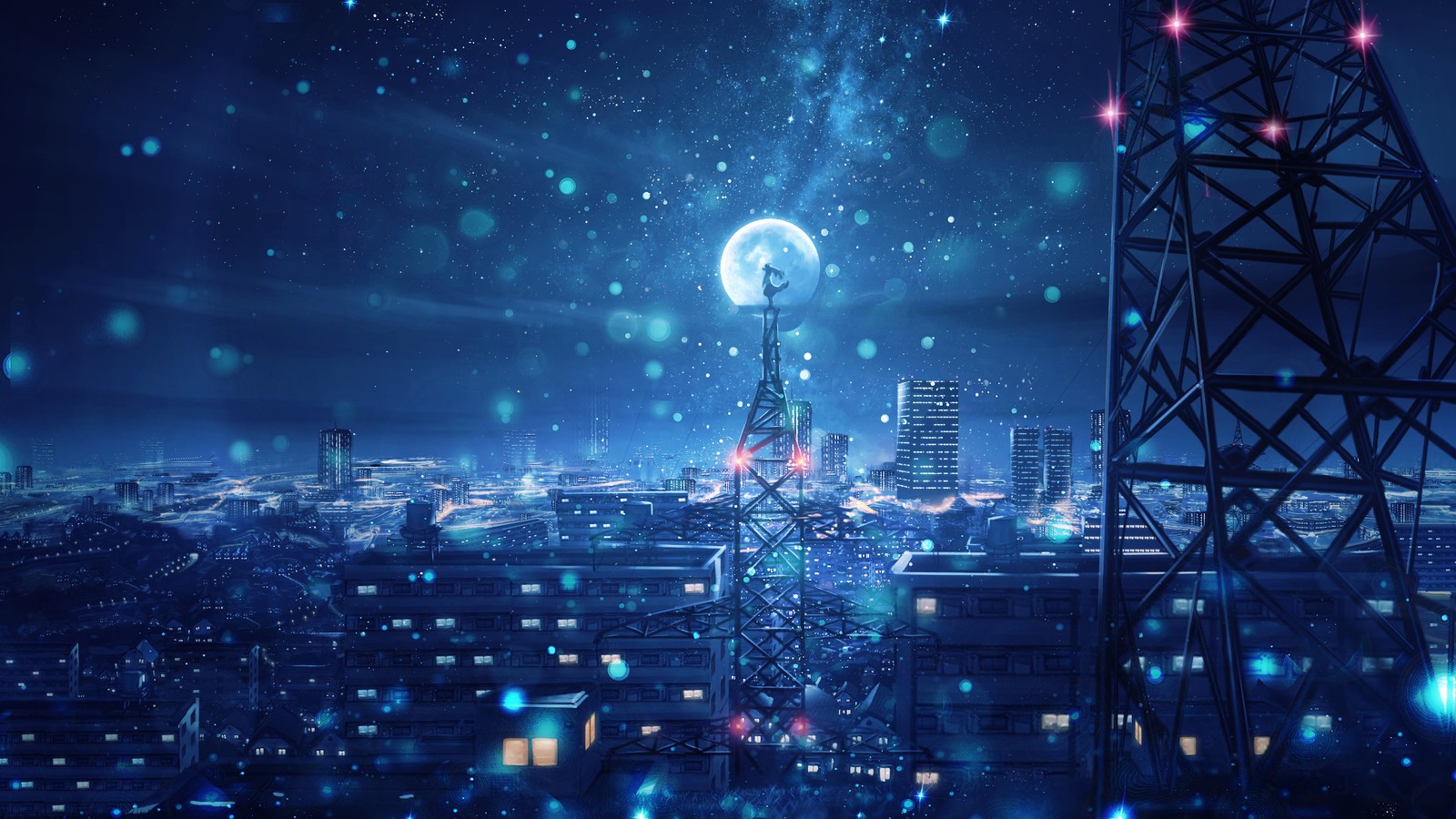 Une ville la nuit avec une pleine lune et une tour (nuit, ciel, ville, étoiles, anime)