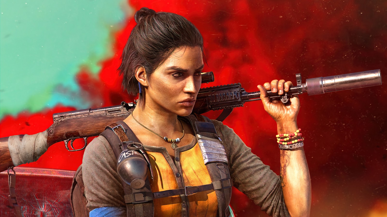 A woman holding a rifle and a gun in a red background (far cry 6, video game, dani rojas, female, character)