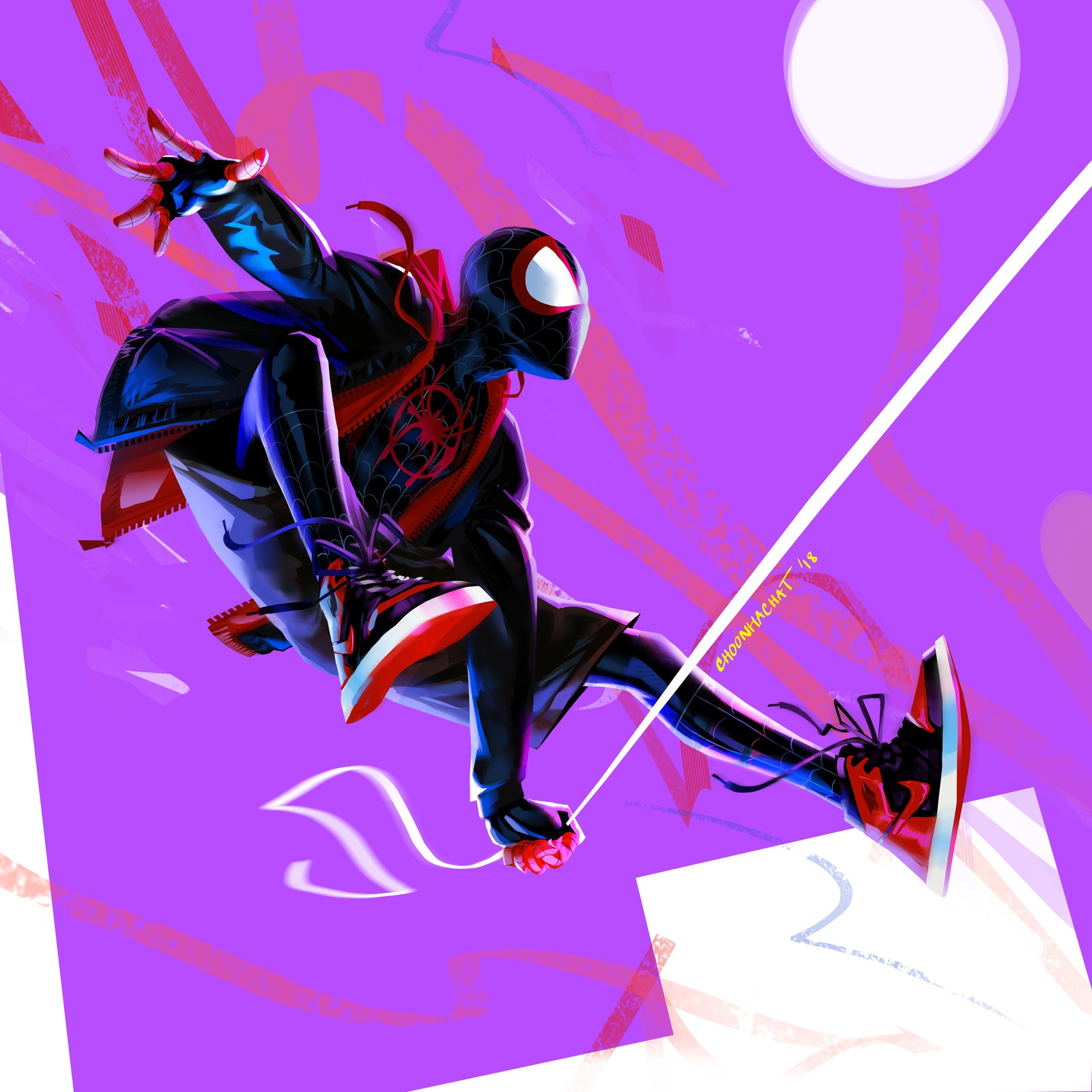 Spider-man dans un costume rouge et noir vole dans les airs (miles morales, spider man, marvel comics, animation, art)