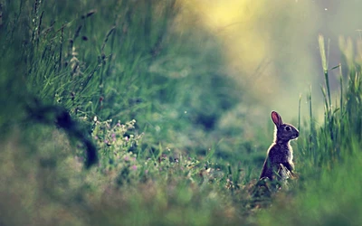 Conejo europeo en pradera iluminada por el sol