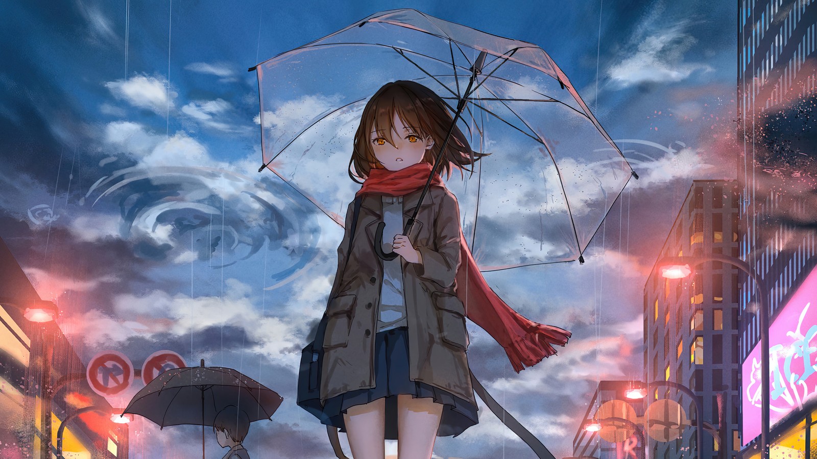 Chica de anime con paraguas de pie bajo la lluvia en una ciudad (anime, chicas, paraguas)