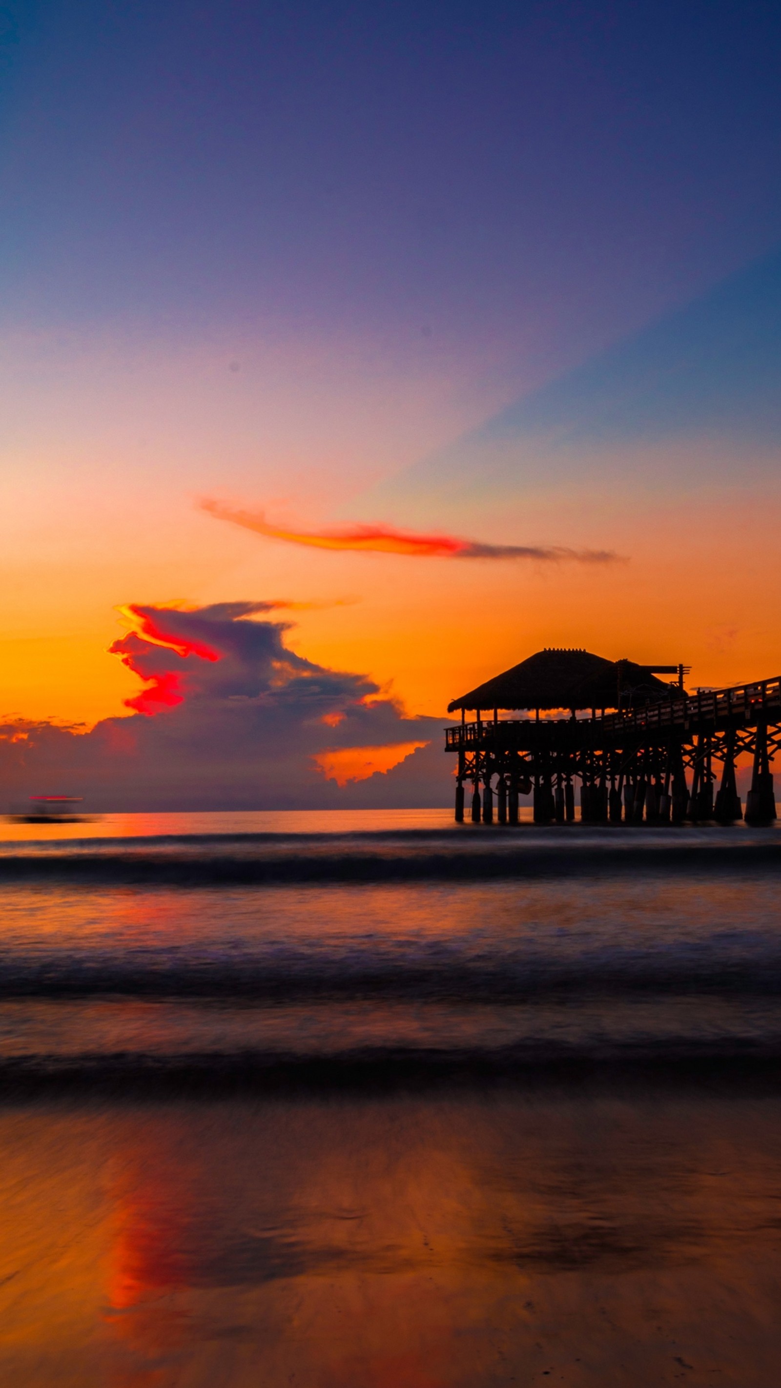 beach, sunset, sea, pier, water wallpaper