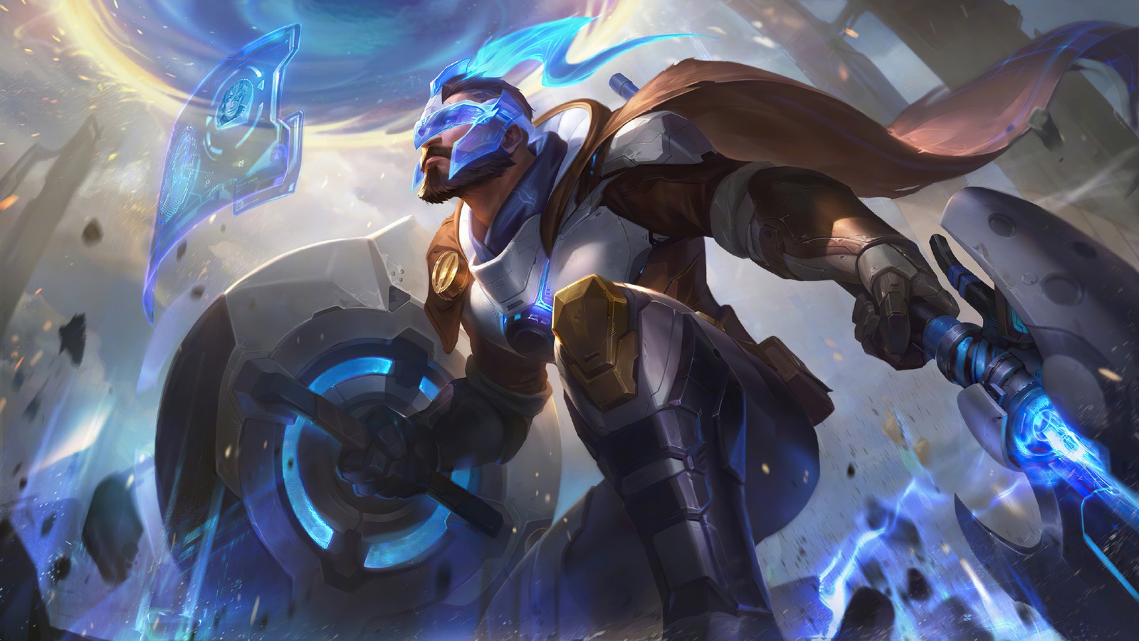 A man in armor with a sword and a helmet on (pulsefire, pantheon, skin, splash art, league of legends)