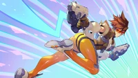 Pose de ação dinâmica da Tracer de Overwatch, mostrando seu traje icônico e suas duas pistolas de pulso contra um fundo vibrante e cheio de energia.