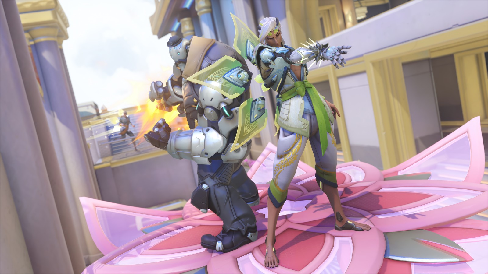 There is a statue of a man and a woman on a flower (overwatch 2, video game, overwatch, lifeweaver)