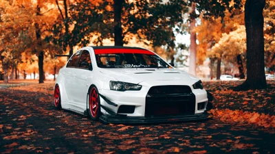 Mitsubishi Lancer Evolution en otoño: un impresionante ajuste JDM entre el follaje de otoño