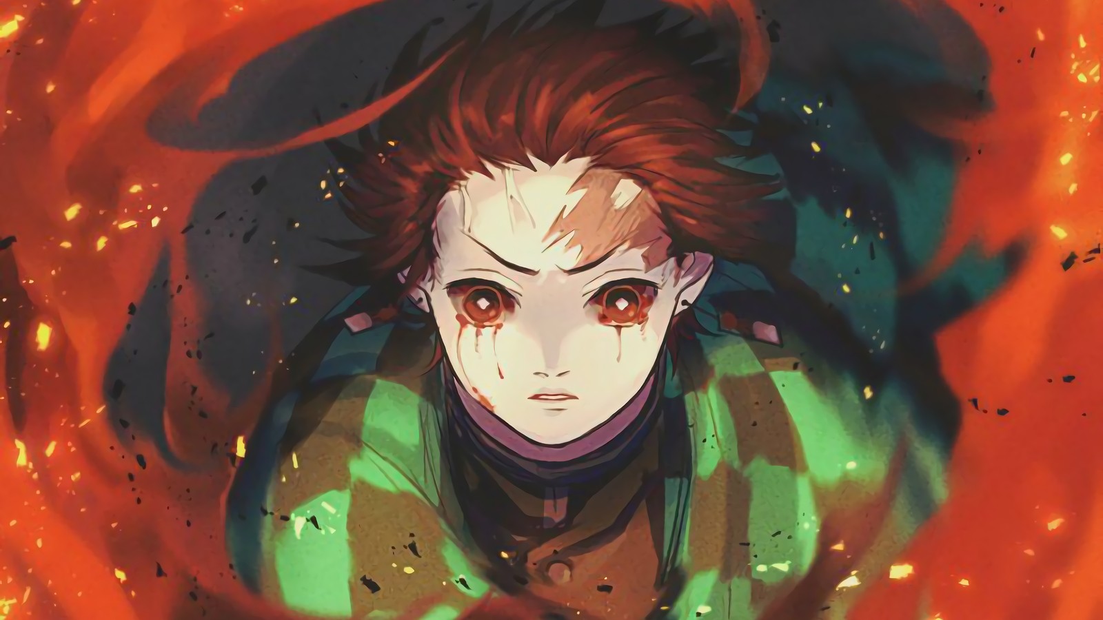 Скачать обои tanjiro kamado, tanjirou kamado, пламя, огонь, kimetsu no yaiba