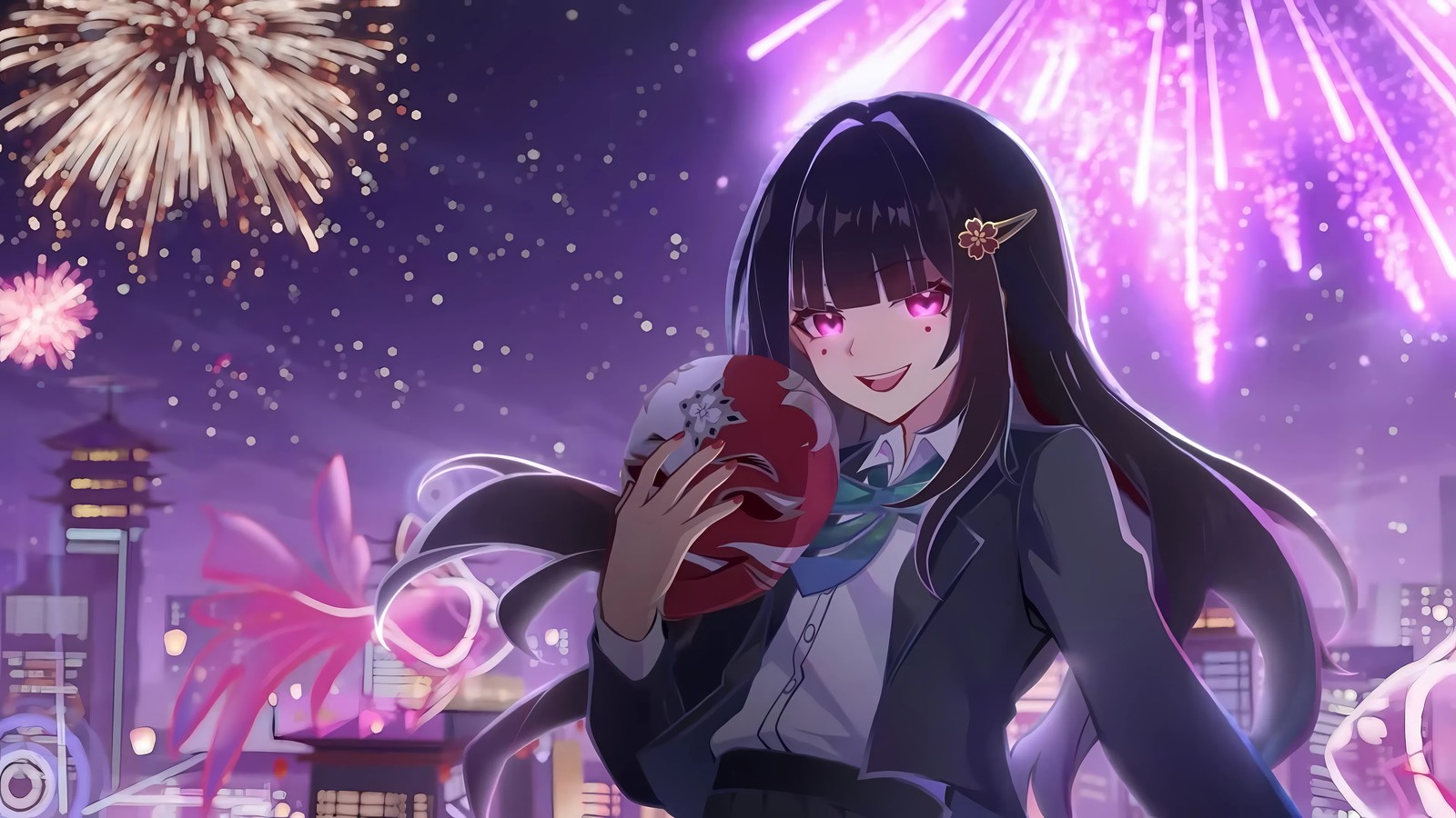 Anime girl with long black hair holding a red heart in front of fireworks (sparkle, honkai star rail, video game)