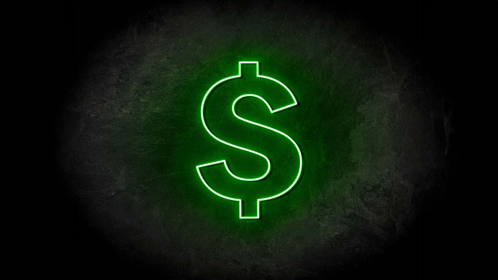 A green dollar sign on a black background (dollar, logo, neon sign, glowing, dark background)