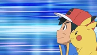 Ash Ketchum et Pikachu dans une scène d'anime dynamique.