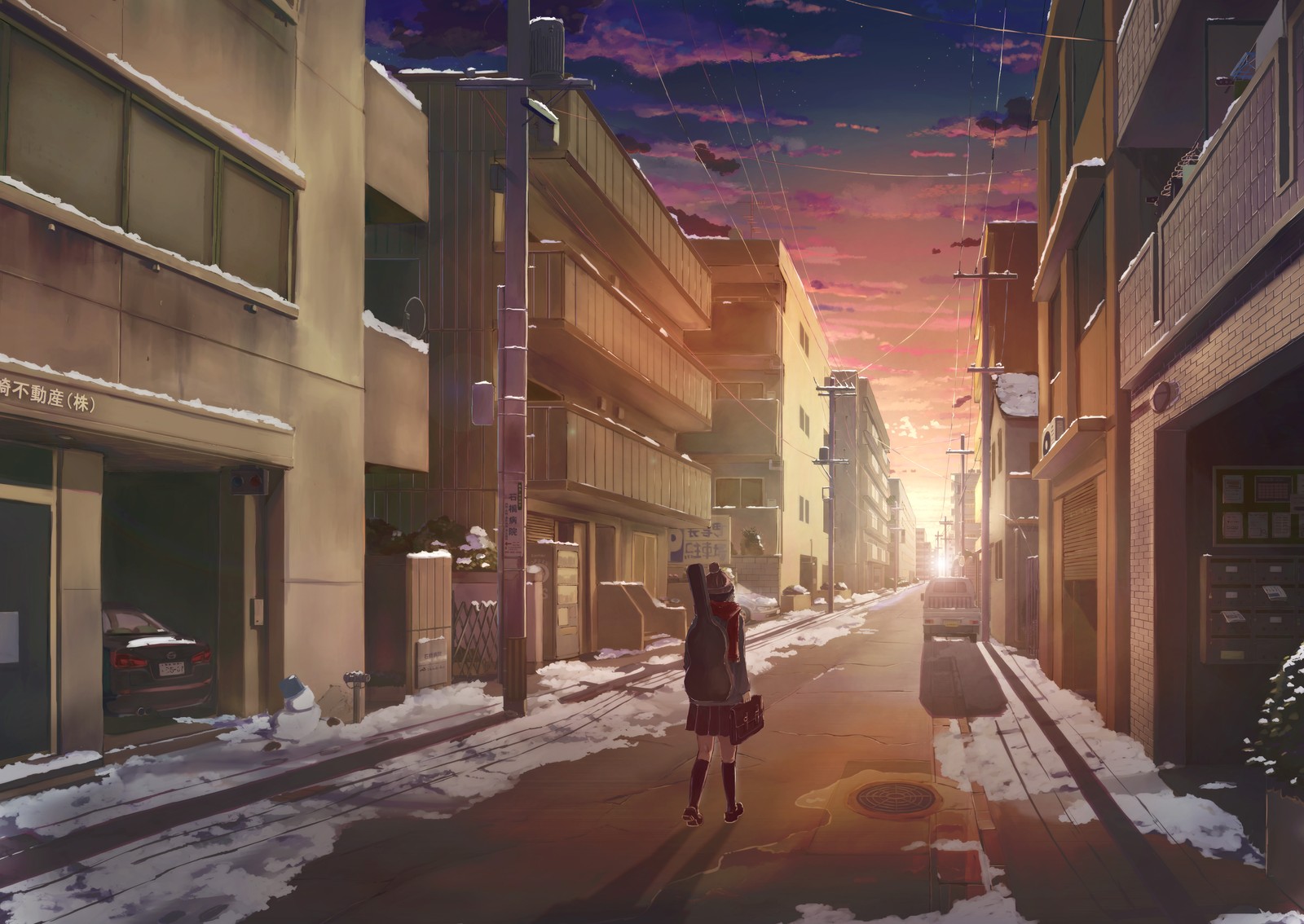 Fille anime marchant dans une rue enneigée d'une ville (anime, ruelle, rue, zone urbaine, ville)