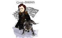 Illustration de dessin animé de Jon Snow de Game of Thrones avec un loup géant dans un cadre hivernal