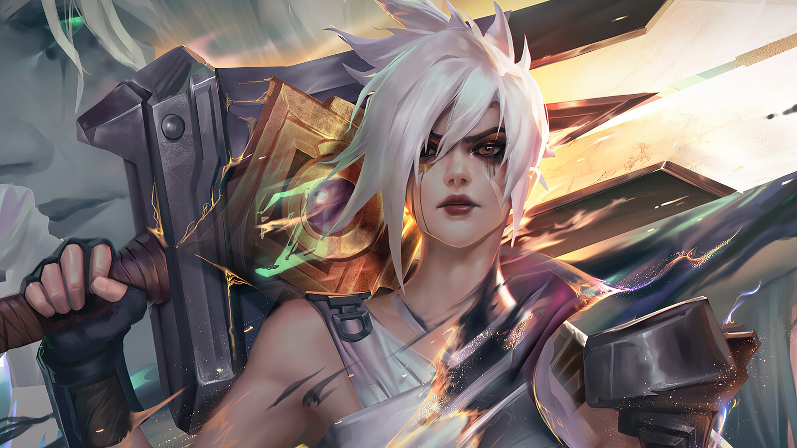 Женщина с белыми волосами держит молот и меч (riven, lol, league of legends, видеоигра, искусство)