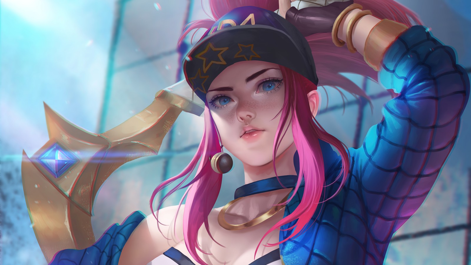 Eine frau mit pinken haaren und einem hut hält ein schwert (kda, akali, league of legends, lol, videospiel)