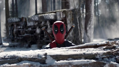 Deadpool en un bosque nevado con espadas samuráis